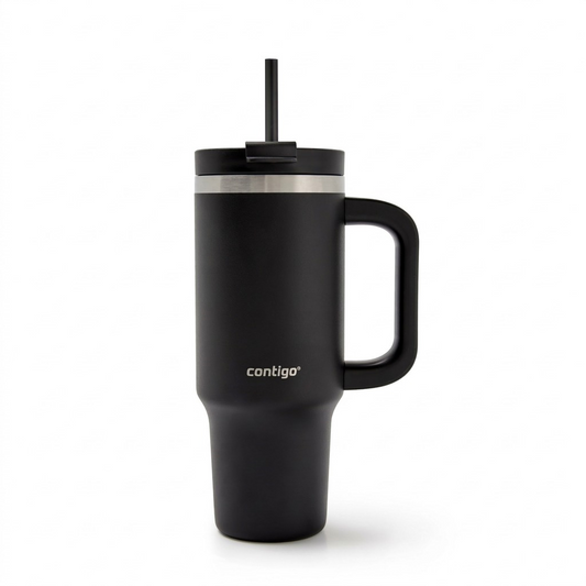 A pure, high-resolution hero shot of the Contigo Streeterville Leak-Proof Tumbler in Licorice, showing its unique shape, handl and straw.
