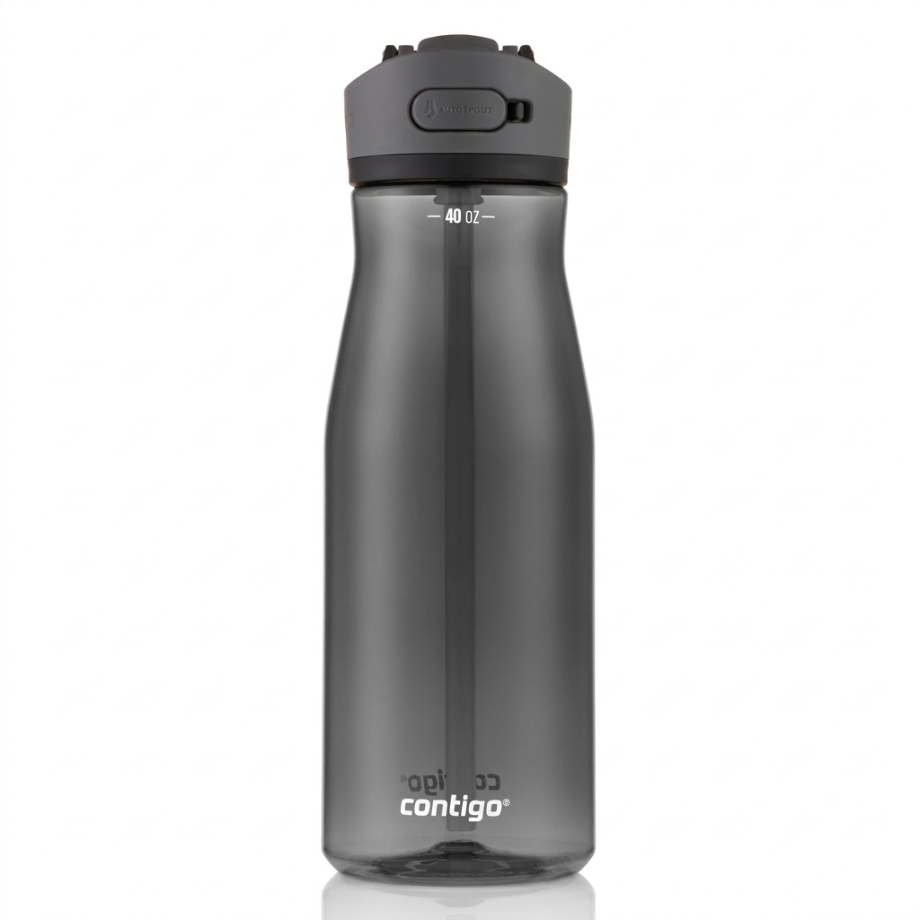 A flawless hero shot of the Contigo 40 oz Ashland 2.0 Licorice water bottle on a pure white background. The smoky grey bottle retains all original markings and the distinct grey lid.