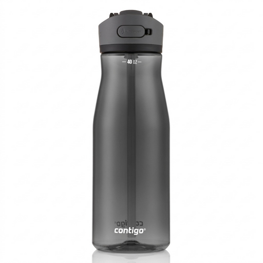 A flawless hero shot of the Contigo 40 oz Ashland 2.0 Licorice water bottle on a pure white background. The smoky grey bottle retains all original markings and the distinct grey lid.