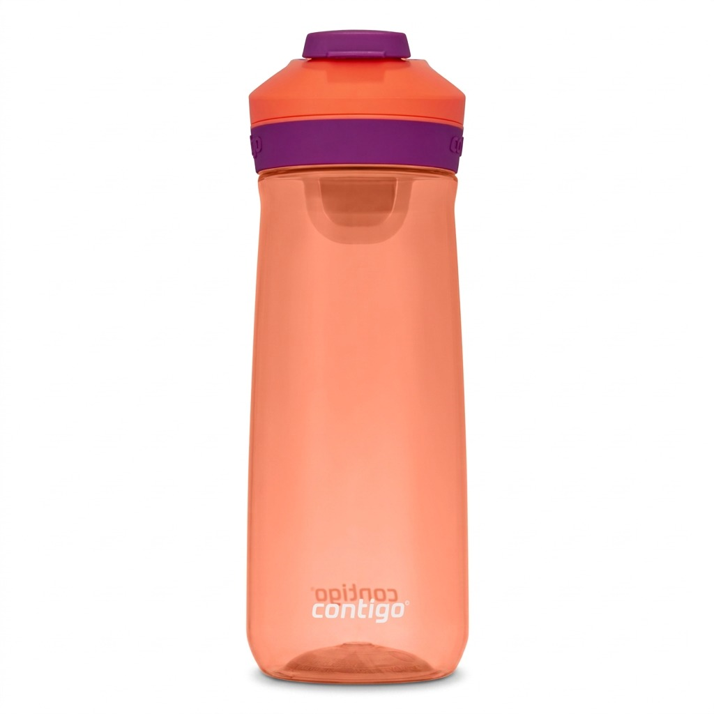 Pure, high-resolution front hero shot of the Contigo 20 oz Autoseal Casey water bottle (Coral/Grape) on white.