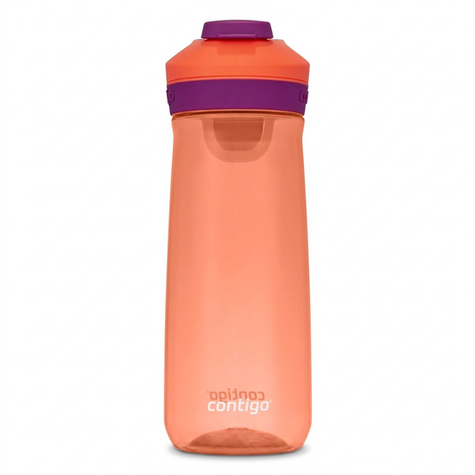 Pure, high-resolution front hero shot of the Contigo 20 oz Autoseal Casey water bottle (Coral/Grape) on white.