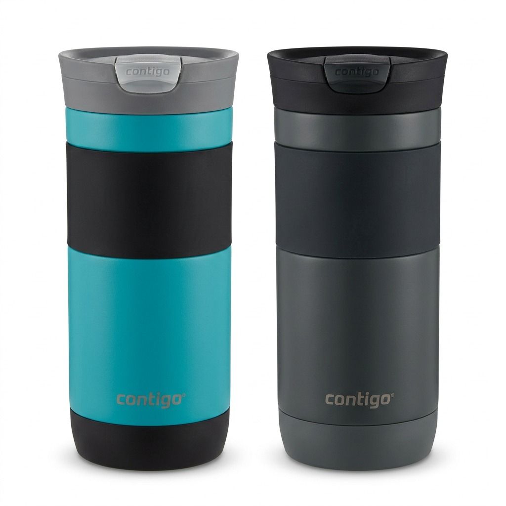 A clean ecommerce hero shot of two Contigo Byron 2.0 16oz travel mugs (teal and dark grey) on a white background.