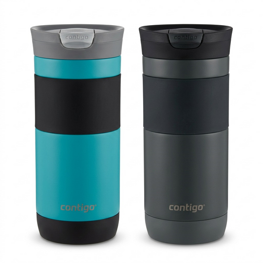 A clean ecommerce hero shot of two Contigo Byron 2.0 16oz travel mugs (teal and dark grey) on a white background.