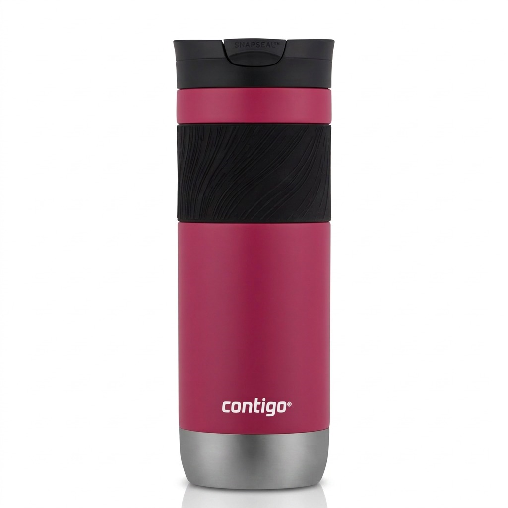 Contigo 20 oz Byron 2.0 Travel Mug in Dragon Fruit pink with SnapSeal lid and black grip over a white background.