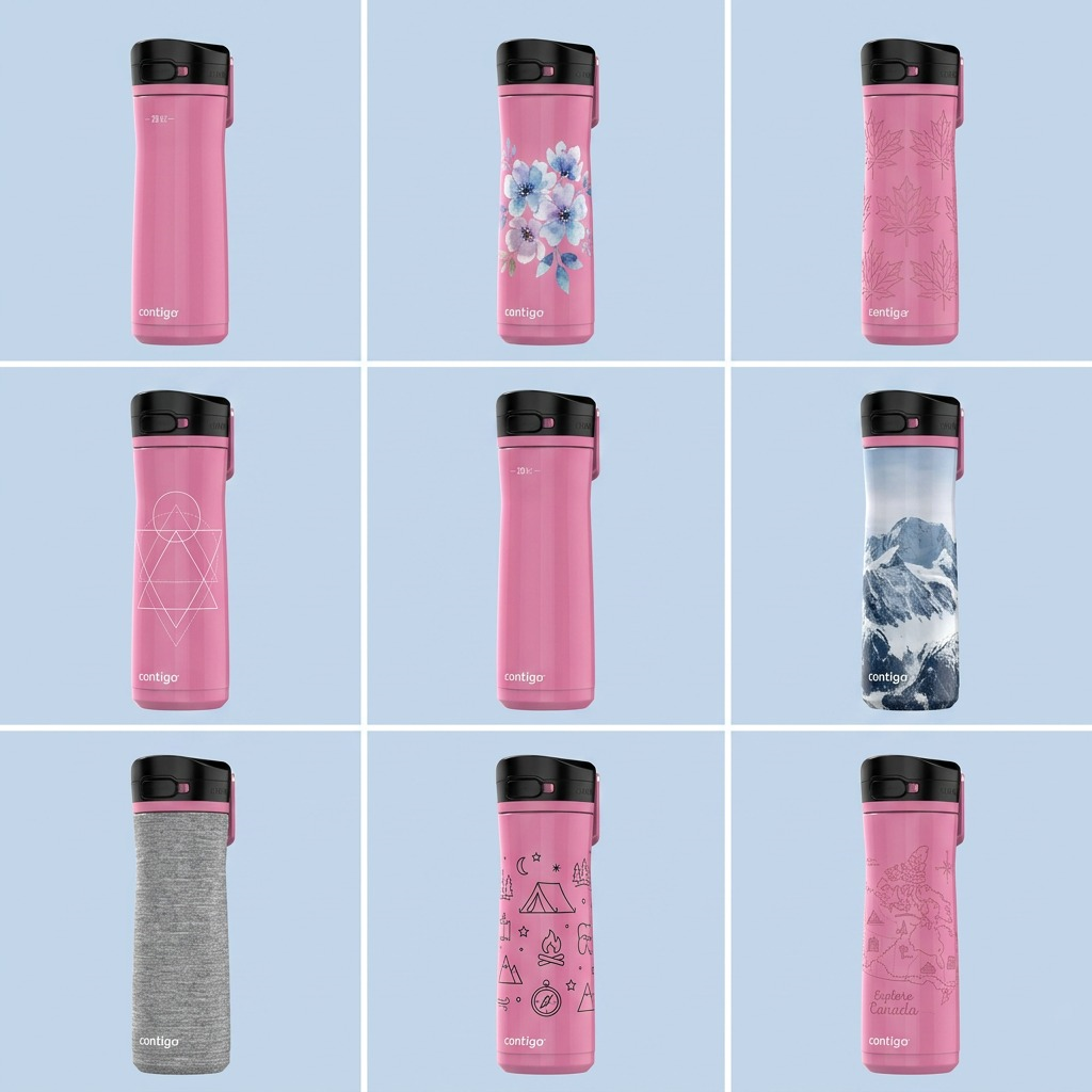 A 3x3 grid display featuring nine identical pink Contigo water bottles with diverse front patterns, illustrations, and textures.