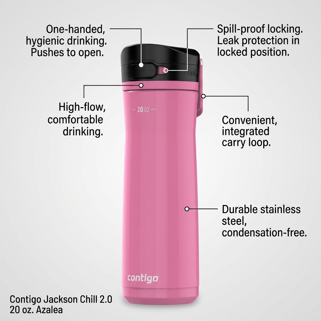 Operational features of the Contigo Jackson Chill 2.0 water bottle highlighted with descriptive text.