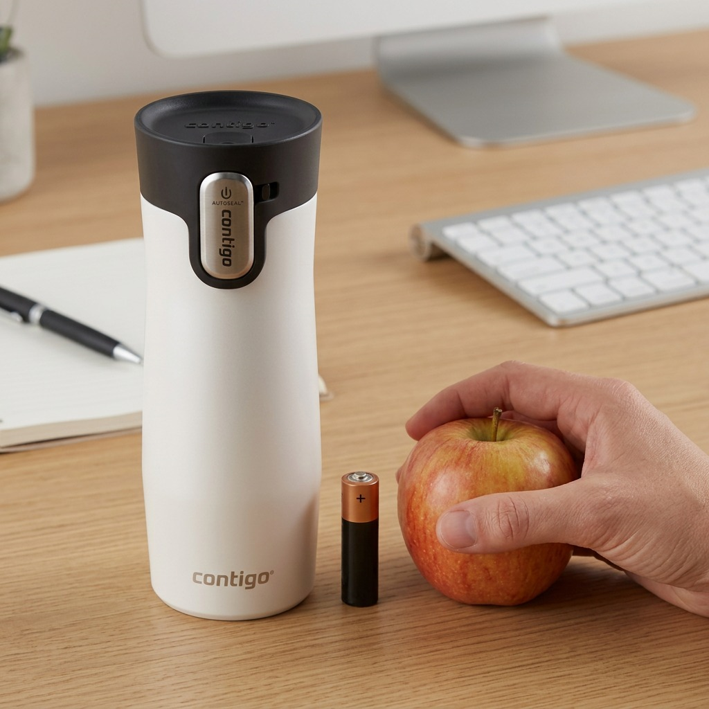 Scale reference of Contigo West Loop 3.0 beside an apple and battery on a desk.