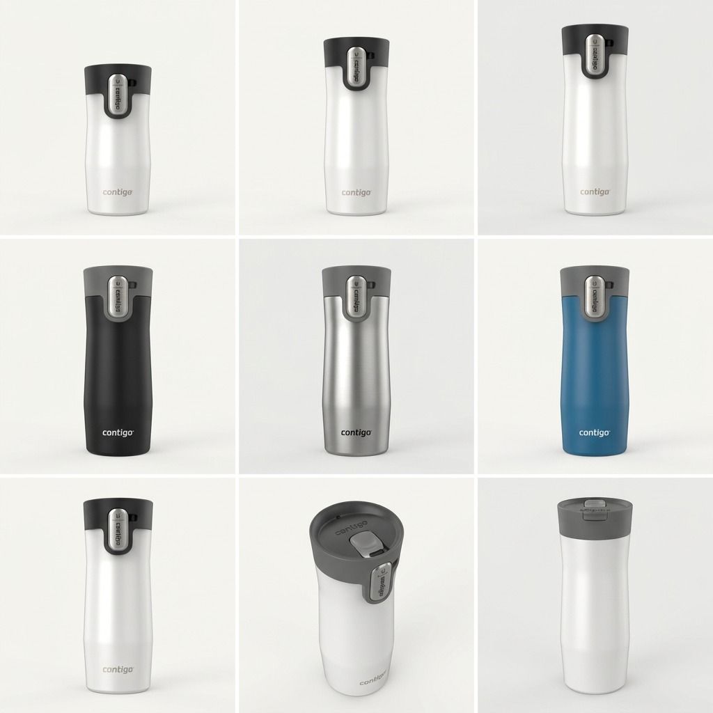 E-commerce variant matrix grid of Contigo West Loop 3.0 mugs: three sizes, color options, and multi-angle views.