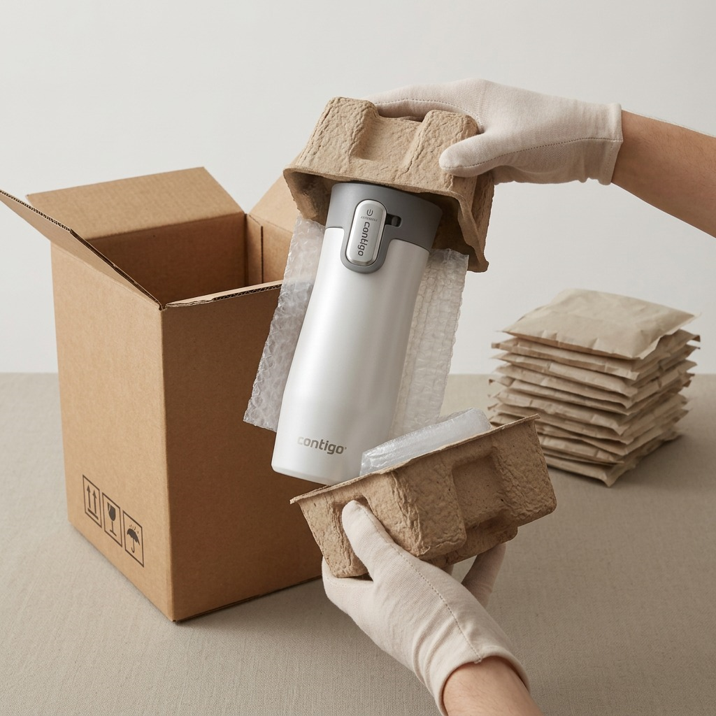 A clean unboxing scene showing the Contigo travel mug emerging from protective paper pulp molded inserts.