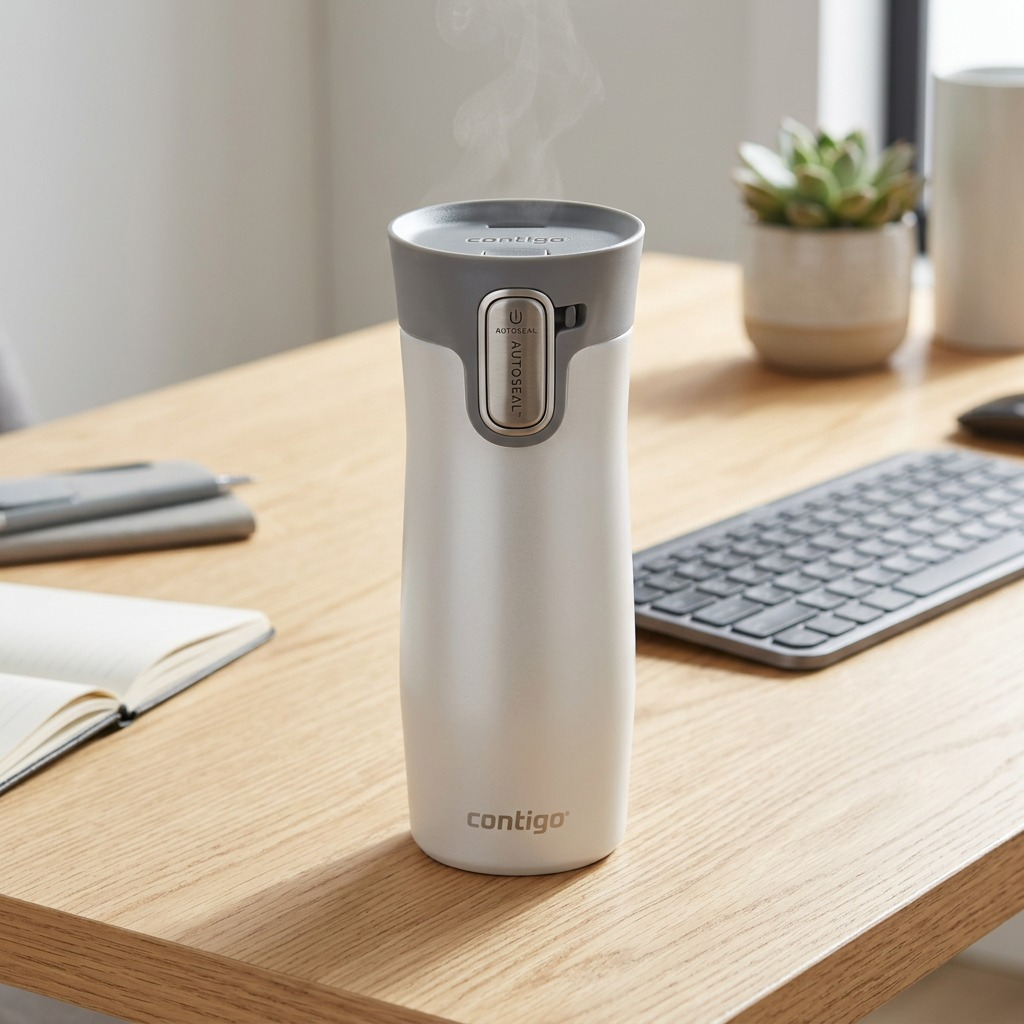 Closeup photograph of Contigo 2220450 mug within a clean, home office setting, placed on a light oak wood surface near a keyboard and fresh flower.
