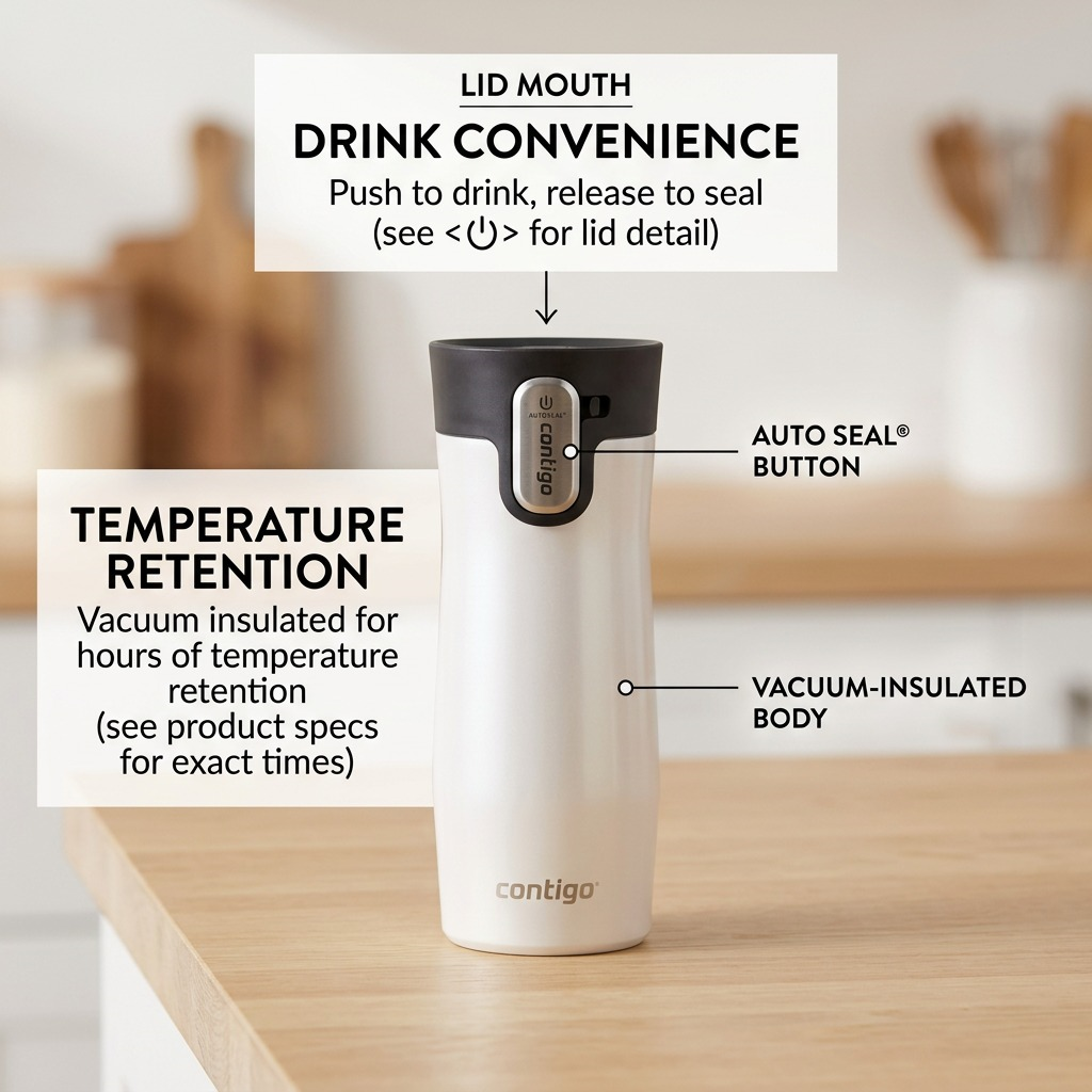 Feature graphic highlighting the visual details and functional capabilities of the Contigo West Loop 3.0 travel mug on a kitchen counter.