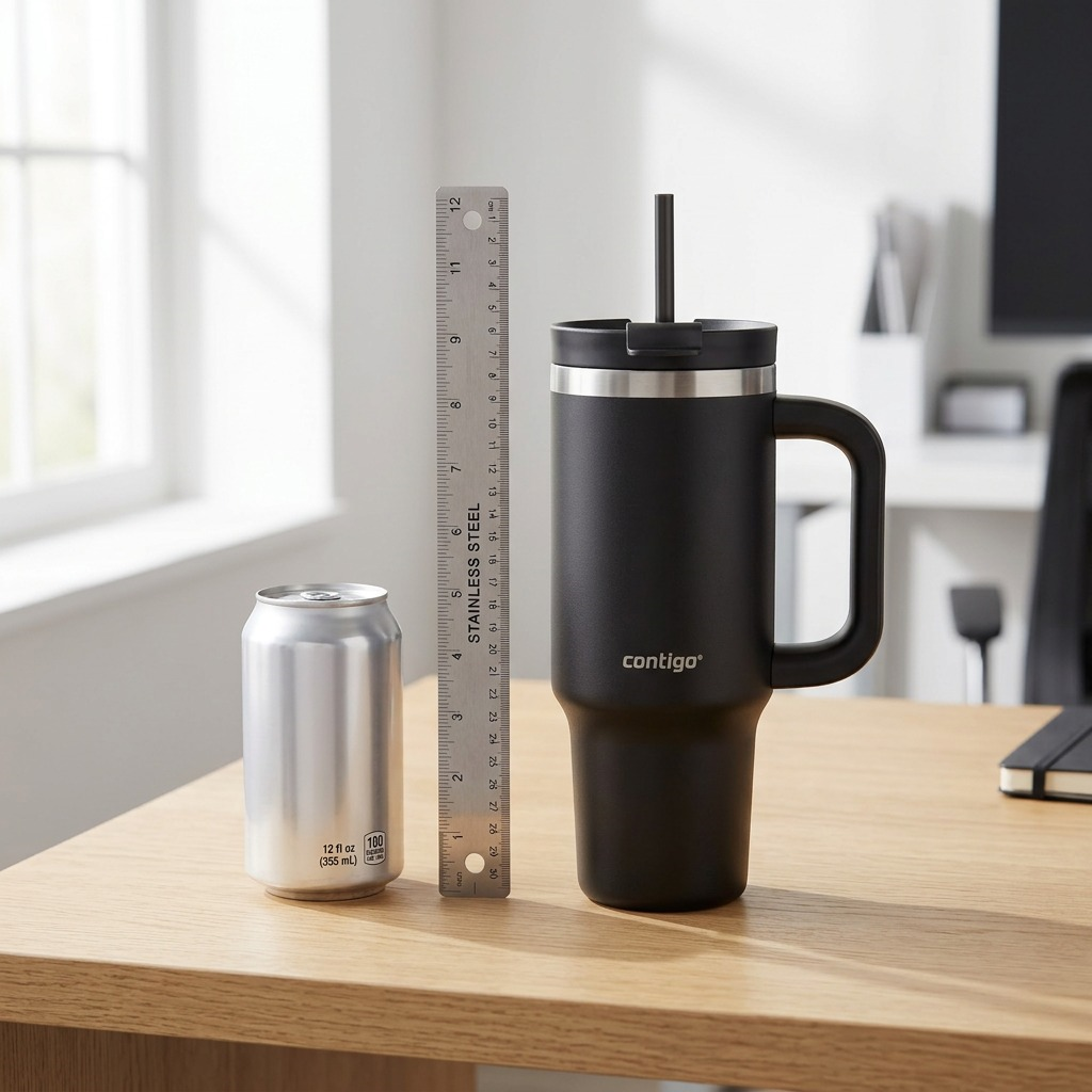 Scale reference: 30 oz Contigo Streeterville tumbler next to a standard 12 oz can and ruler.