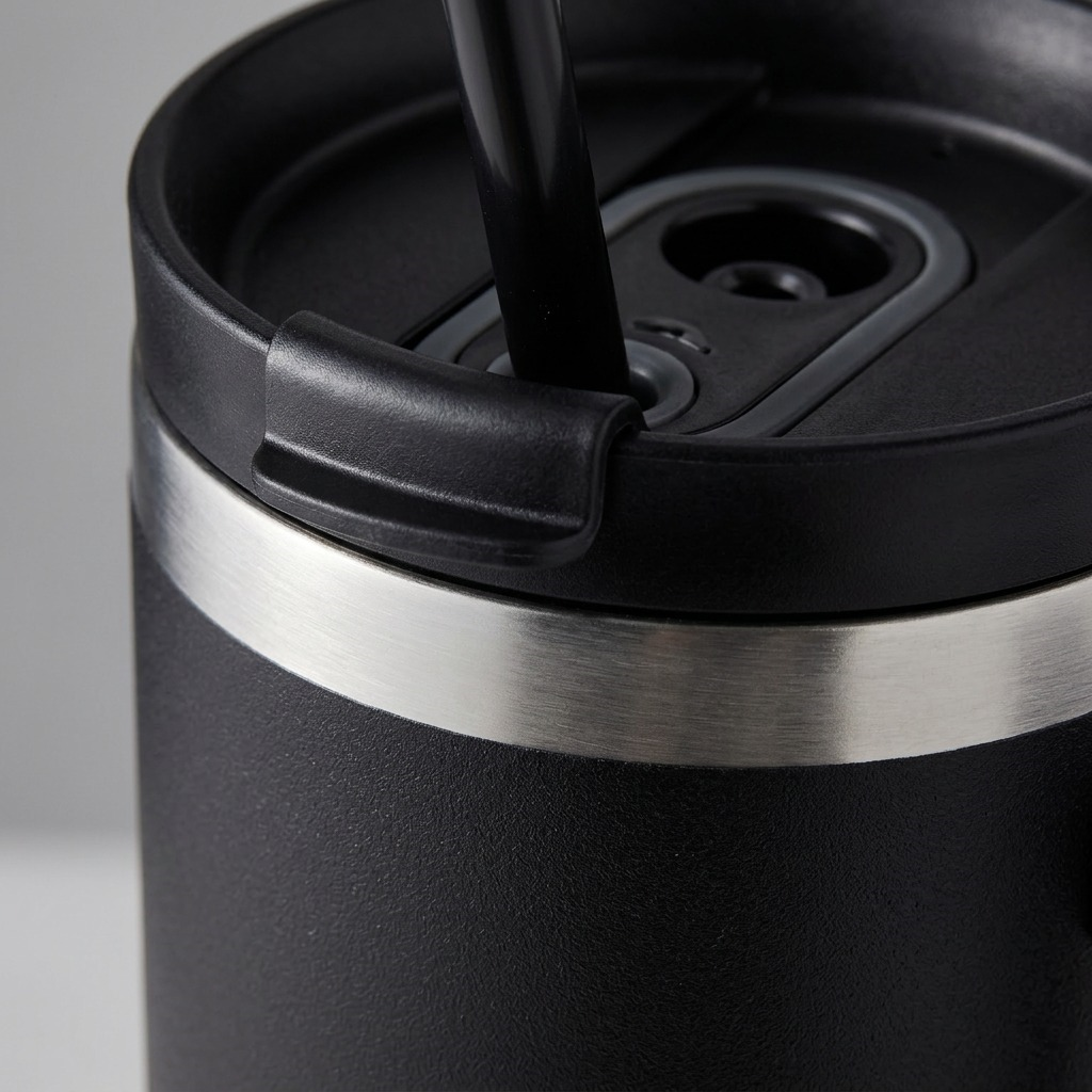 Macro image showing the textured black finish and smooth steel band of the Contigo Streeterville tumbler.