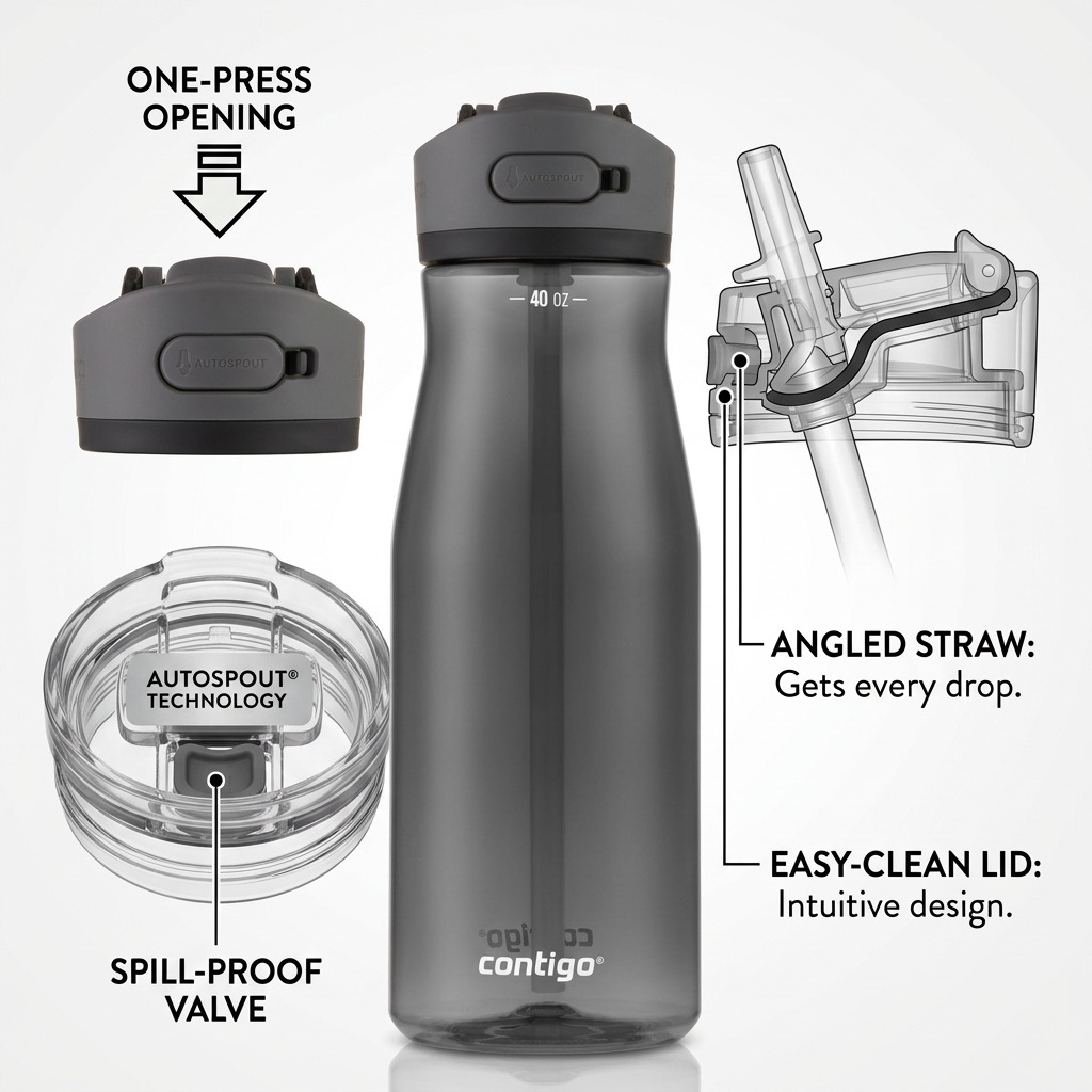 Operational feature callouts for Contigo 40 oz Autospout bottle showing spill-proof valve and angled straw.