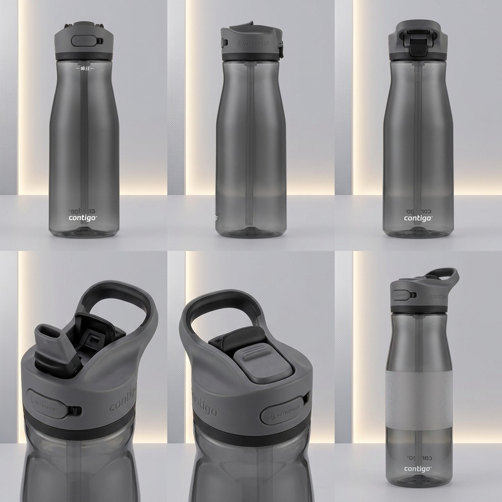 A visual matrix showing six views of a Contigo Ashland 2.0 Licorice bottle on a neutral background.