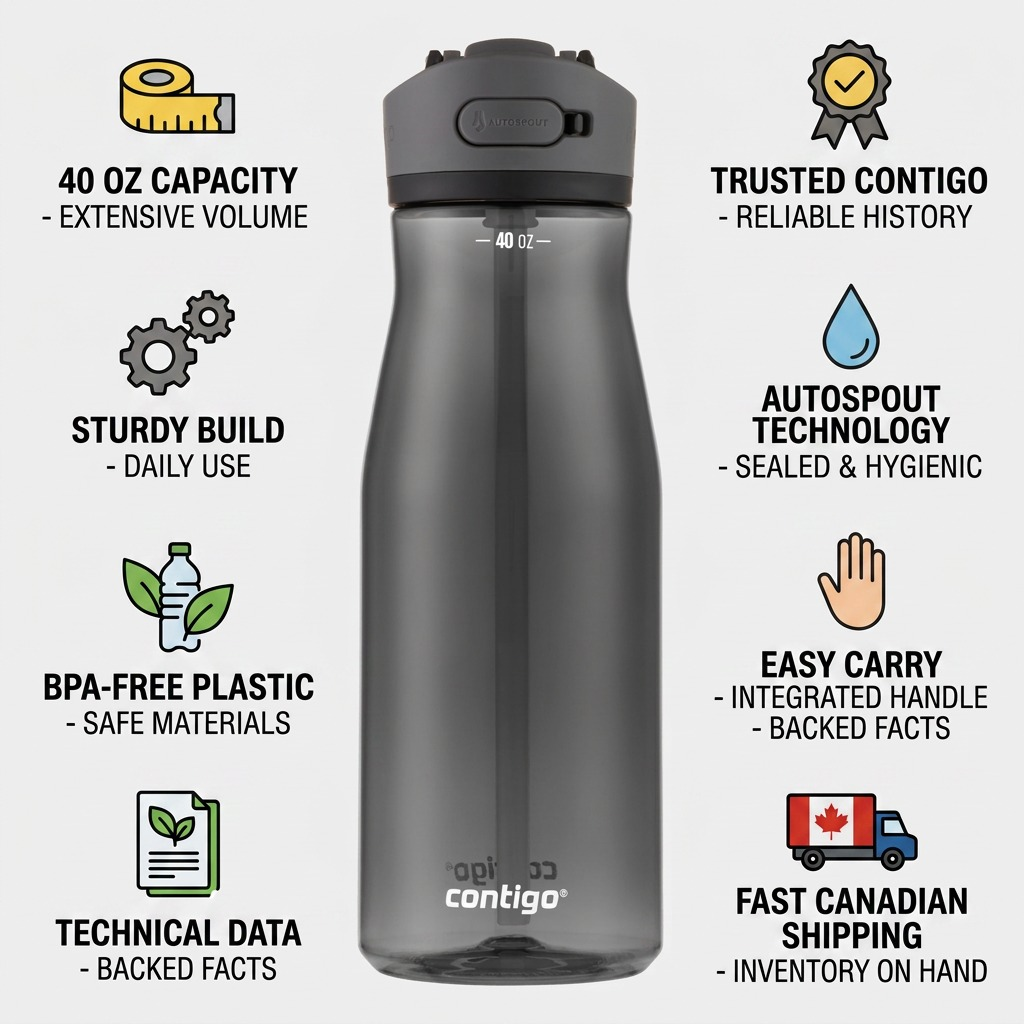 Contigo 40 oz Autospout Ashland 2.0 Licorice bottle in a clean infographic, featuring icons for capacity, build, and fast Canadian shipping.