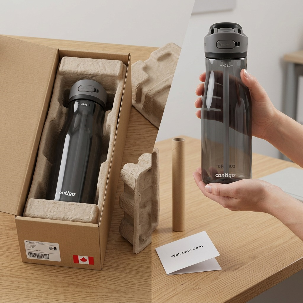 A visual matrix image demonstrating the secure packaging and confident unboxing of a Contigo Ashland 2.0 water bottle.