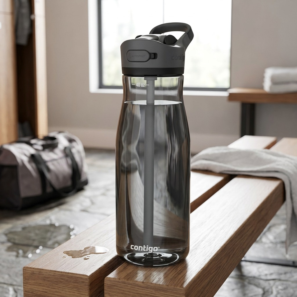 A detailed lifestyle still life photograph of the Contigo 40 oz Autospout Ashland 2.0 Licorice bottle resting on a wooden gym locker room bench.