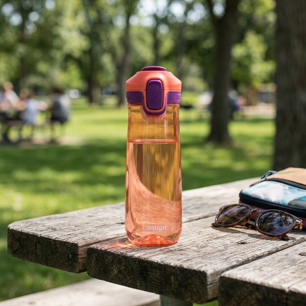 A lifestyle photograph of the Contigo Autoseal Casey Coral/Grape water bottle on a backyard picnic table in a park setting.