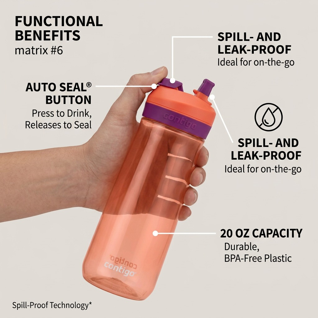 Contigo 20 oz Autoseal Casey Coral/Grape Bottle highlighting spill-proof and one-handed operation.