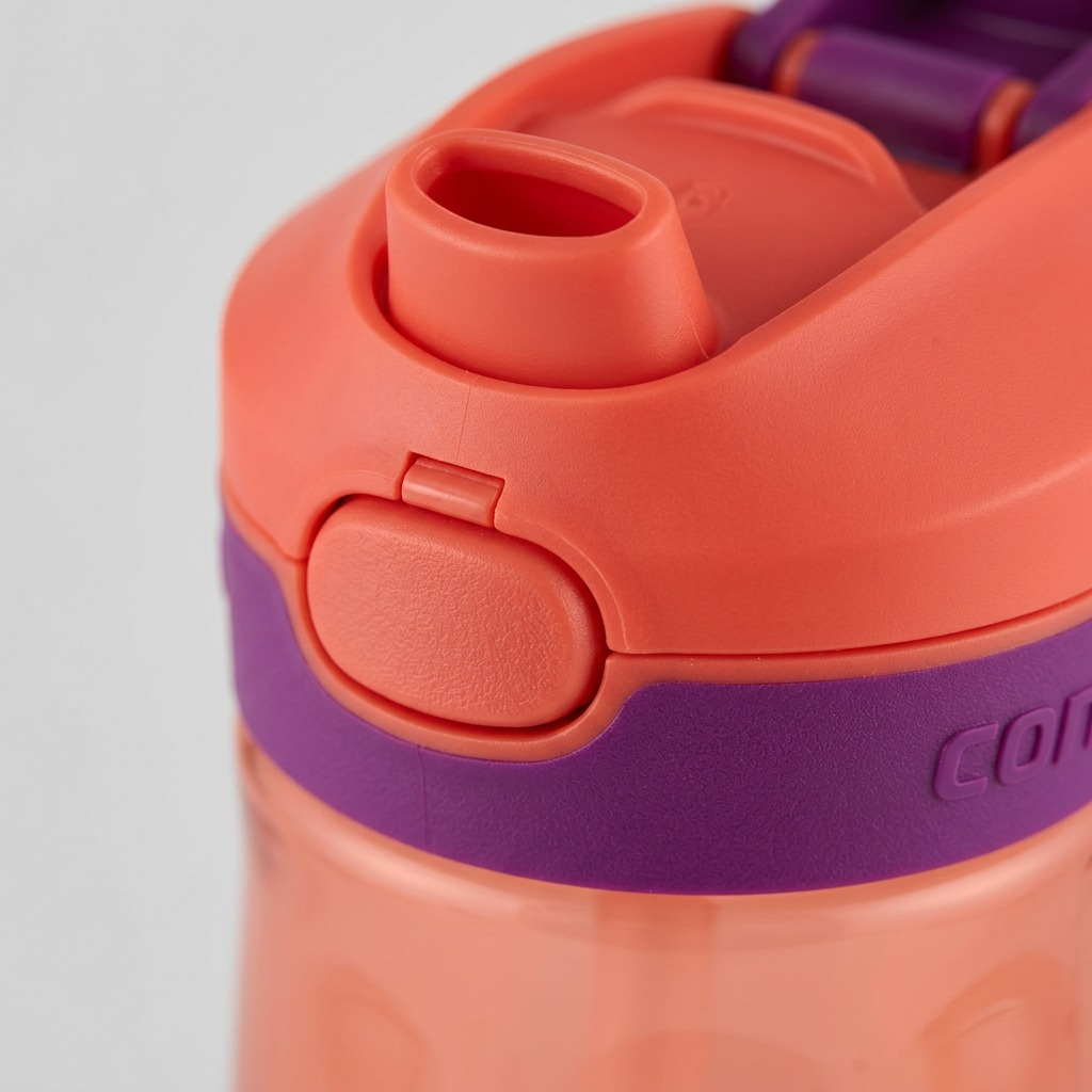 Close-up of coral/grape Contigo Autoseal mechanism, focusing on spout and button.