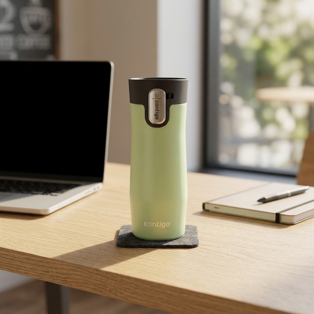 Lifestyle shot: The Contigo 16oz West Loop 3.0 travel mug (Cucumber Frosted Pearl) sits on an office desk next to a laptop and notebook.