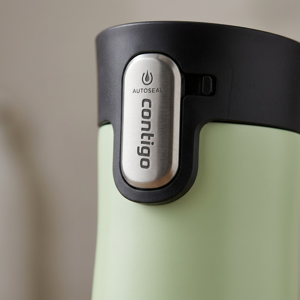 An extreme close-up of the stainless steel Contigo button and Autoseal mechanism and frosted texture.