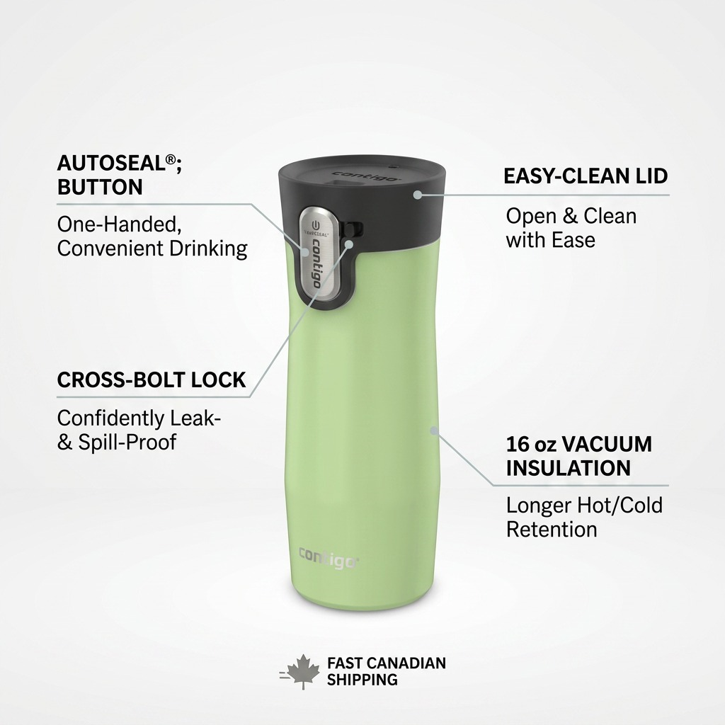 Ecommerce feature graphic with clean labels and pointer lines calling out key operational features of the Contigo West Loop 3.0 travel mug: AUTOSEAL technology, one-handed drinking button, cross-bolt lock, and easy-clean lid design.