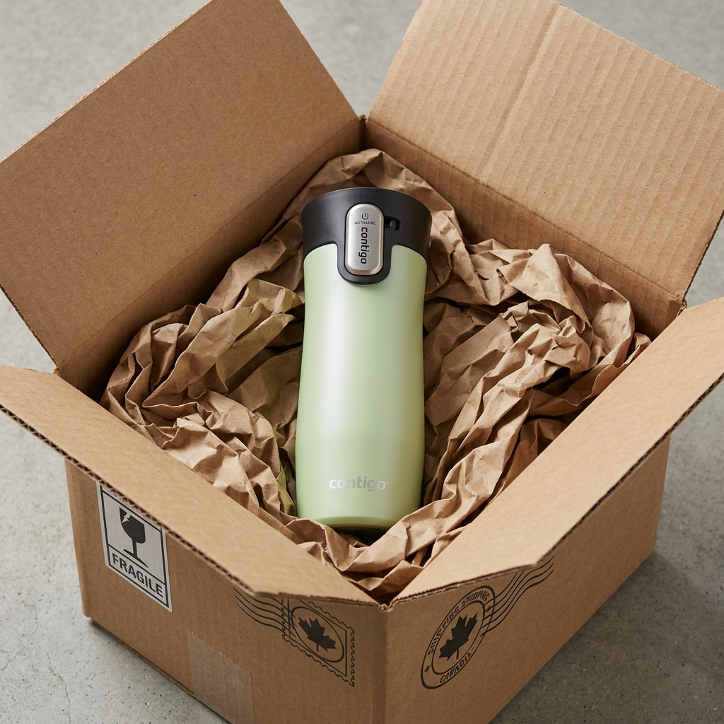 An unboxing scene shows the Contigo travel mug secure in protective crumpled paper.
