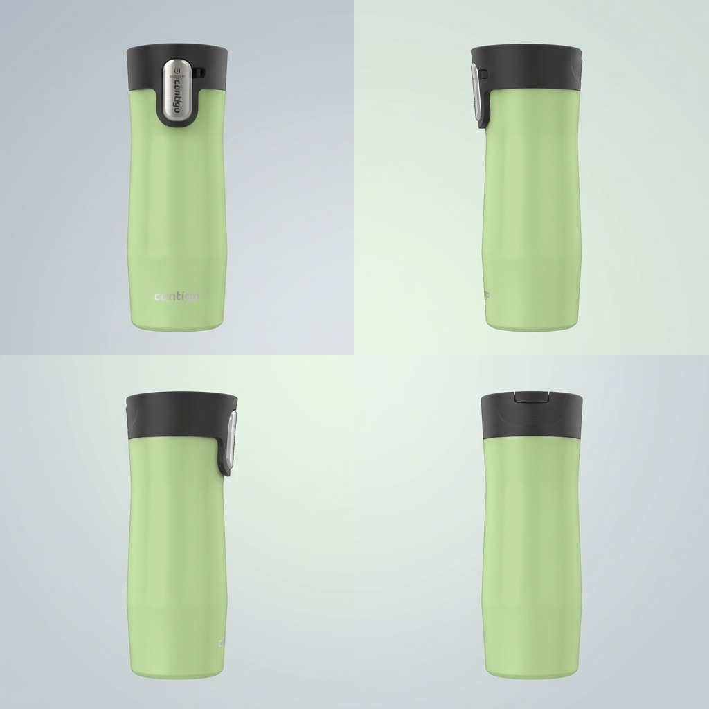 A grid displaying the lime green Contigo travel mug from four different 360-degree angles.