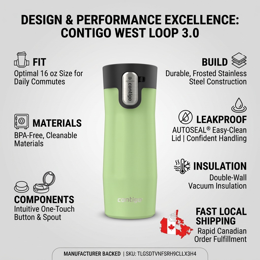 An infographic featuring the Contigo West Loop 3.0 mug highlighting design, performance, and key specs.
