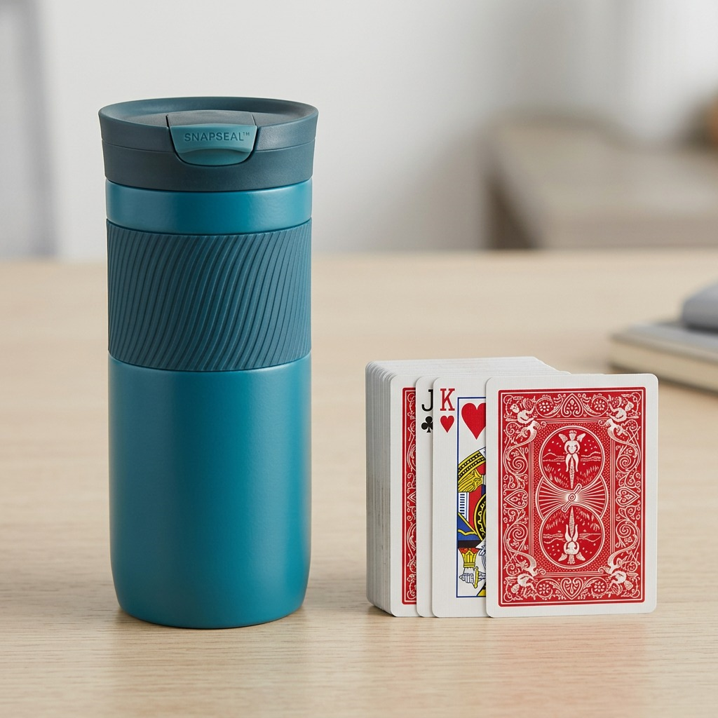 Photo of Contigo Byron 2.0 16oz travel mug beside a standard deck of cards for scale.
