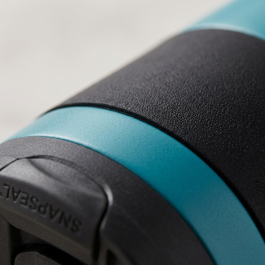 Extreme macro detail showing the precise texture of the SNAPSEAL lid and the matte body finish on the blue-teal Contigo mug.