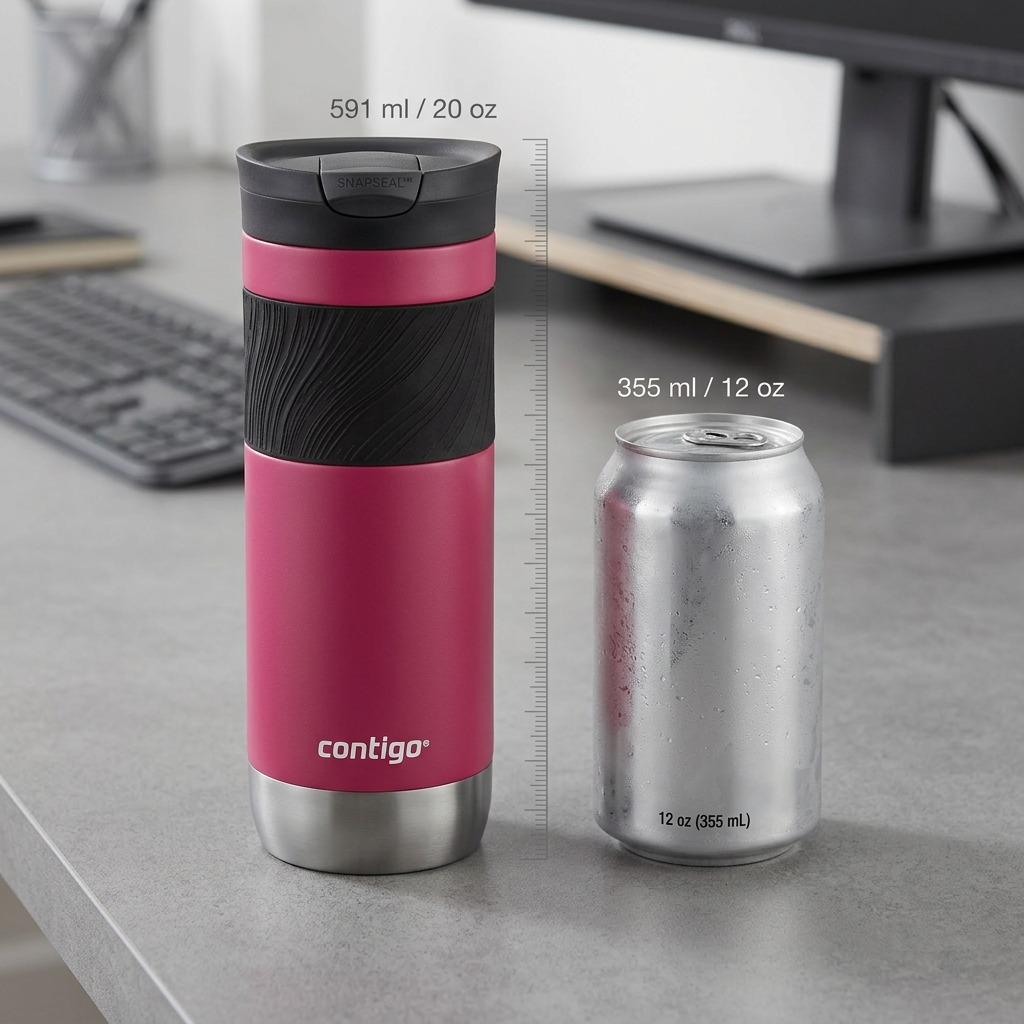 A visualization comparing the height and girth of the 20 oz Contigo Byron 2.0 mug against a standard soda can, highlighting its exact scale and proportions.
