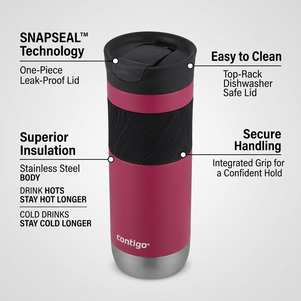 Feature callout graphic of the Byron 2.0 20 oz travel mug showing its key benefits.
