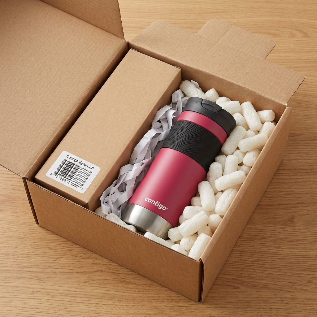 Unboxing a Contigo Dragon Fruit travel mug from a padded shipping box.
