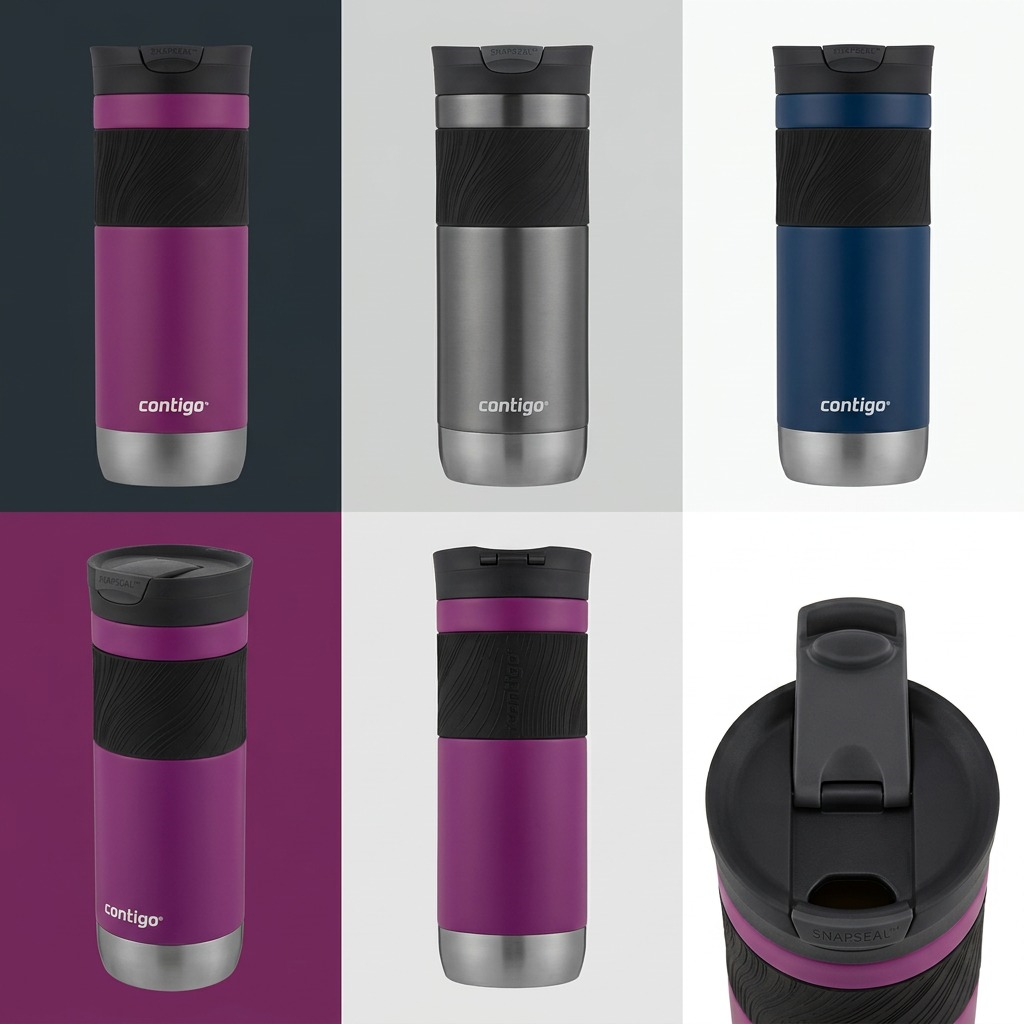 A vector-style grid matrix showcasing multiple variants of the Contigo 20oz travel mug from different angles.