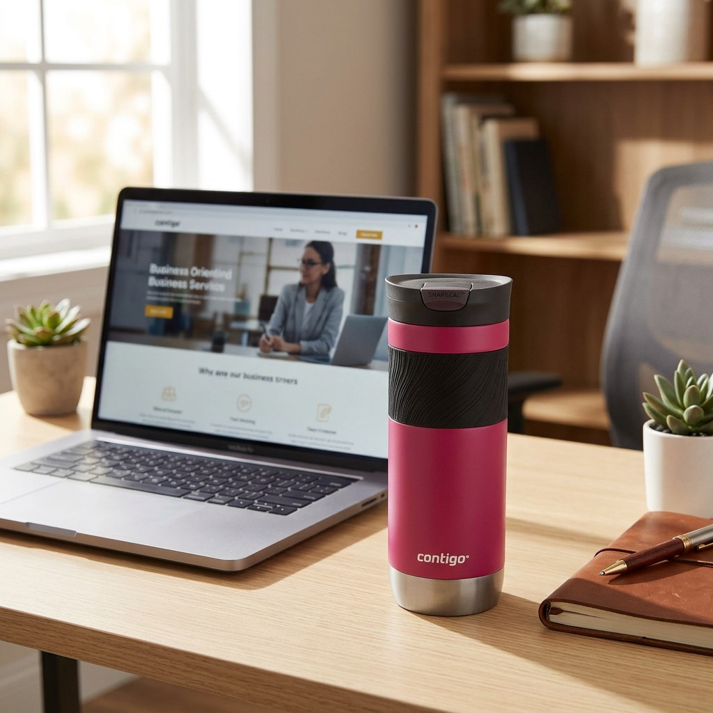 A lifestyle image of the Contigo Snapseal travel mug in a home office, with a laptop and planner.