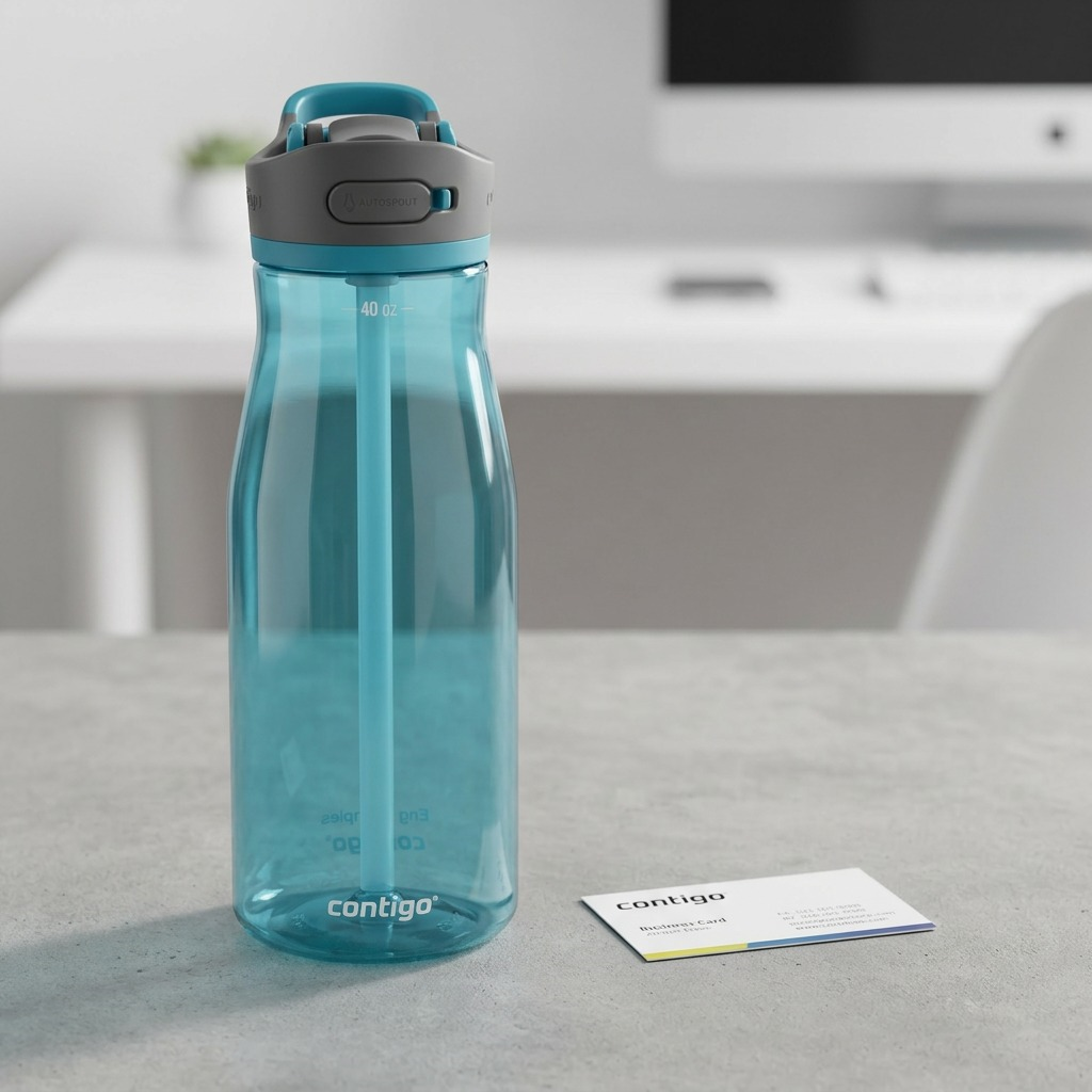 A PDP visual scale reference matrix showing a 40 oz Contigo Ashland water bottle beside a standard business card.