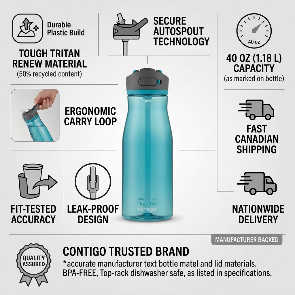 An infographic for the Contigo 40 oz Ashland 2.0 water bottle, highlighting its features and durability on a clean white background. It includes short descriptions and icons for the key features: spill-proof, robust plastic, dishwasher safe, and free of BPA. The Canadian flag symbolizes the product is shipping efficiently across Canada.