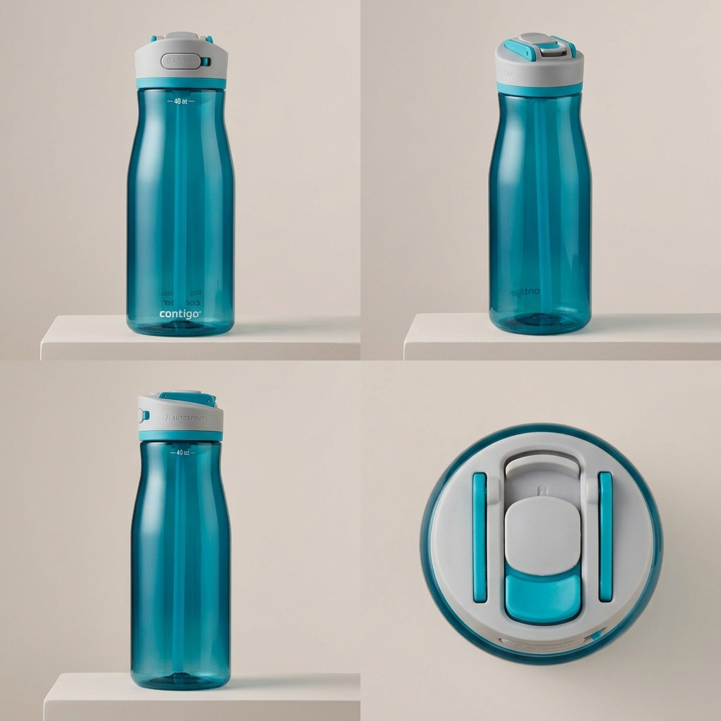 Matrix showing the same 40 oz blue water bottle from its front, side, and rear angles.
