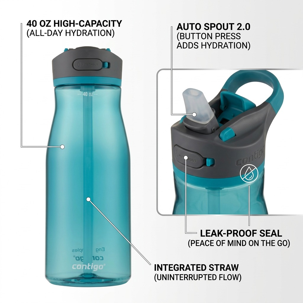 Infographic for the Contigo Ashland 2.0 40 oz water bottle, linking features like Leak-Proof Seal and One-Handed Operation to customer benefits with minimal callouts on a bright white background.