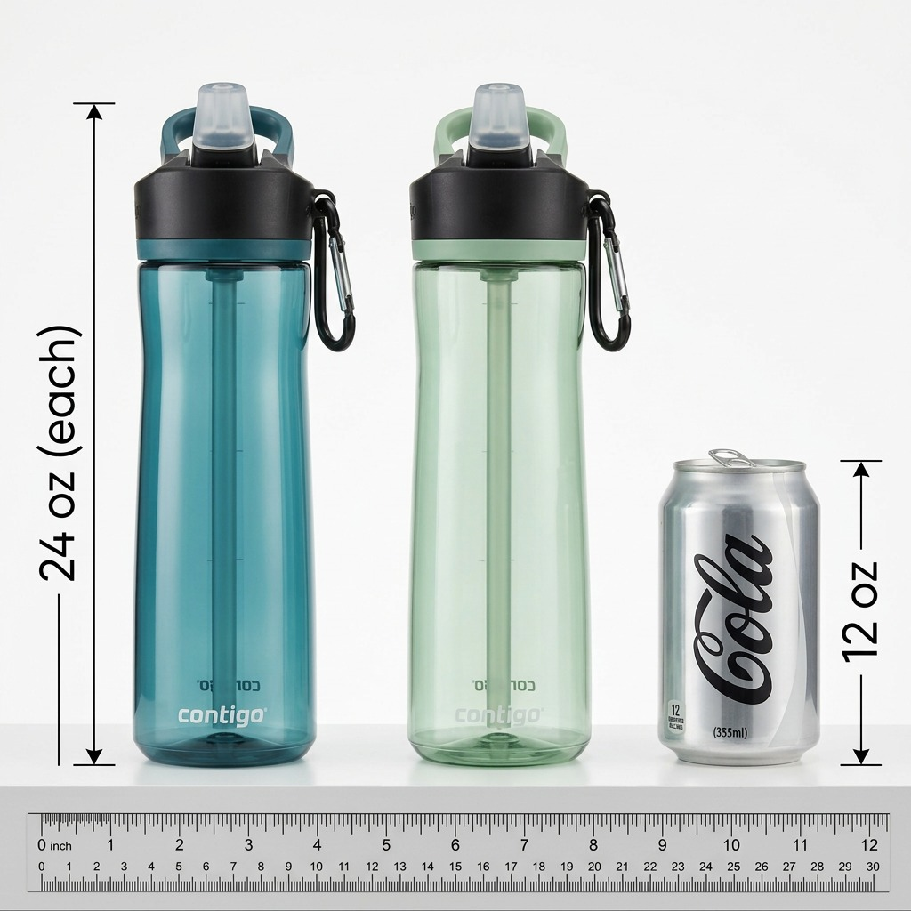 A size reference image showing the two Contigo Ashland water bottles beside a standard 12oz aluminum can on a white surface.