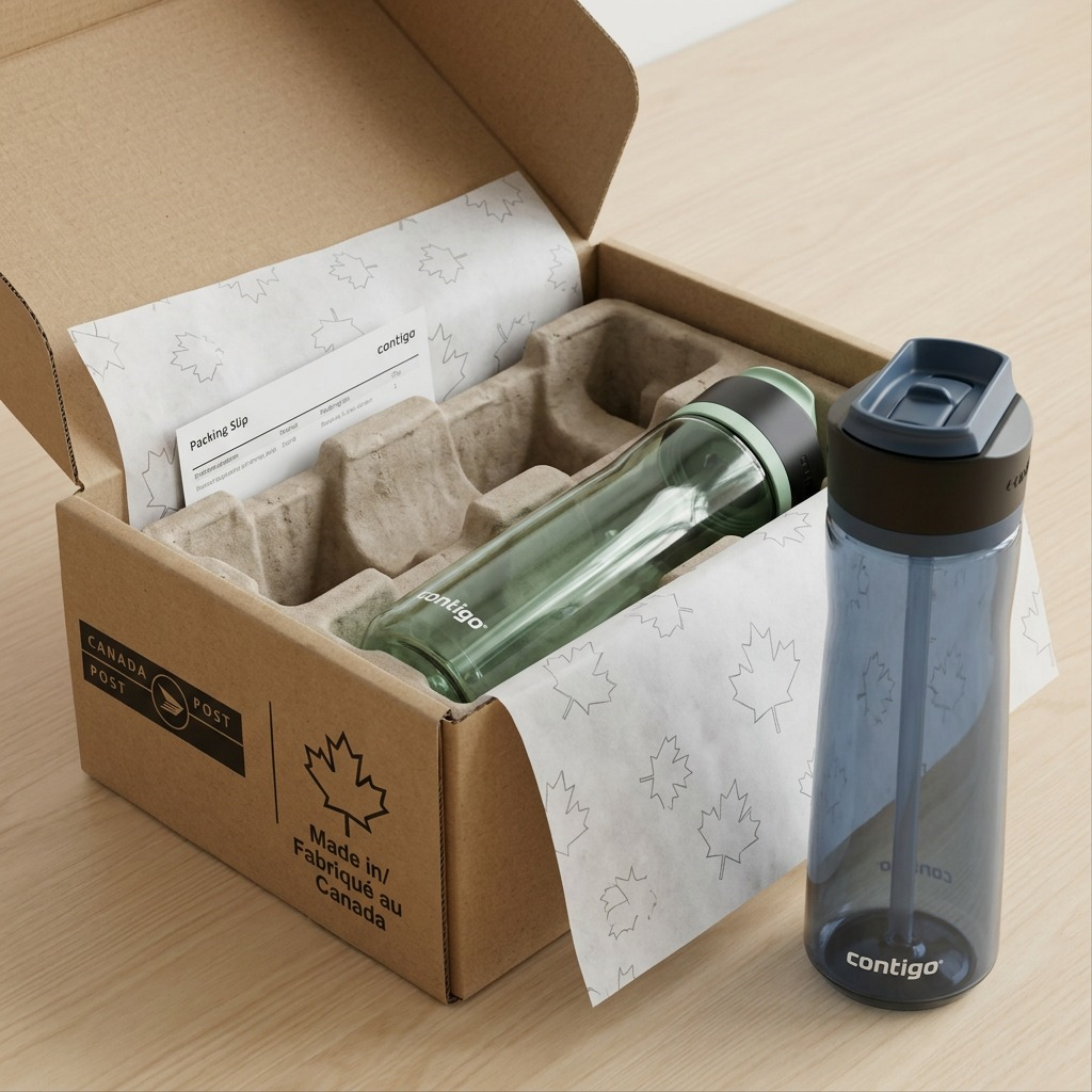 A close-up photograph of a Contigo Ashland 2-pack bottle set resting securely inside padded shipping box dividers, ready for use.