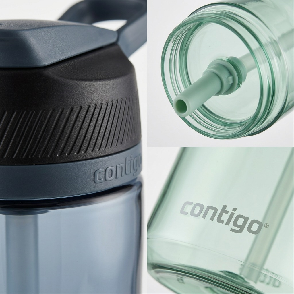 Macro photograph of the blue Contigo bottle cap, focusing on the textured black grip and the Contigo logo.