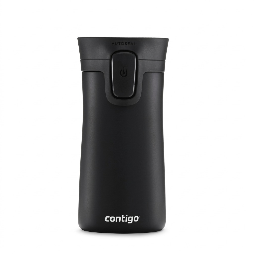 A high-resolution, centered view of the matte black Contigo AUTOSEAL travel mug against a clean background, focusing on its design, logo, and lid mechanism. (Placeholder description)