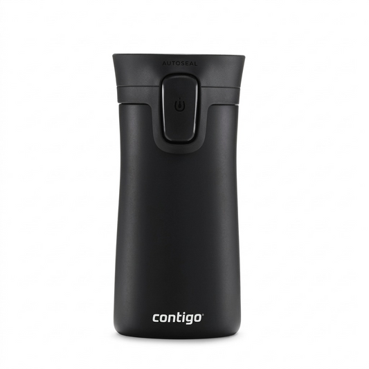 A high-resolution, centered view of the matte black Contigo AUTOSEAL travel mug against a clean background, focusing on its design, logo, and lid mechanism. (Placeholder description)
