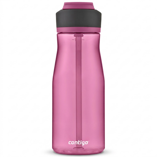 Contigo 32 oz Autospout Ashland 2.0 water bottle in Azalea and grey with a pure white background.
