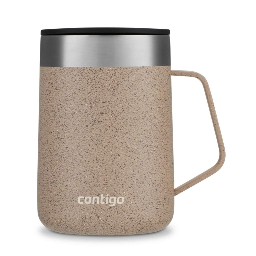 A high-resolution product shot of the 14oz Contigo Streeterville mug in Brown Sugar Speckle against a clean, white background.