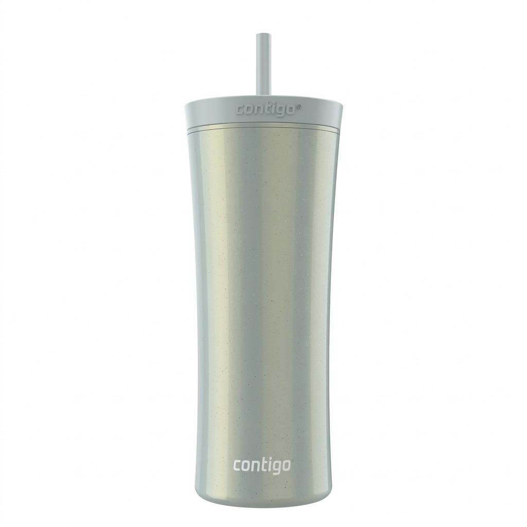 Hero shot of a silver Contigo 20 oz tumbler with straw, macaroon color.